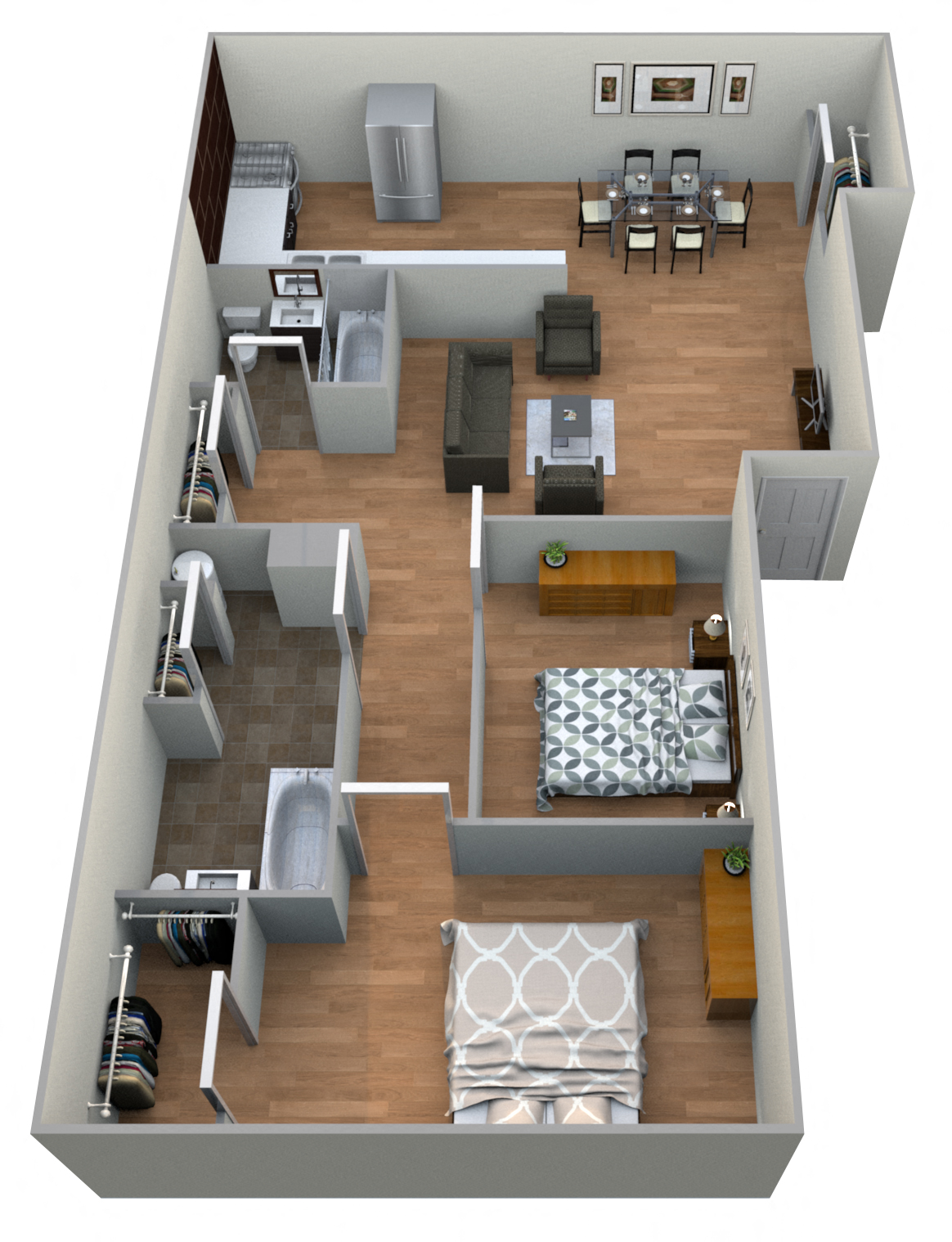 Floor plan for 2 beds, 2 baths, 800 sqft