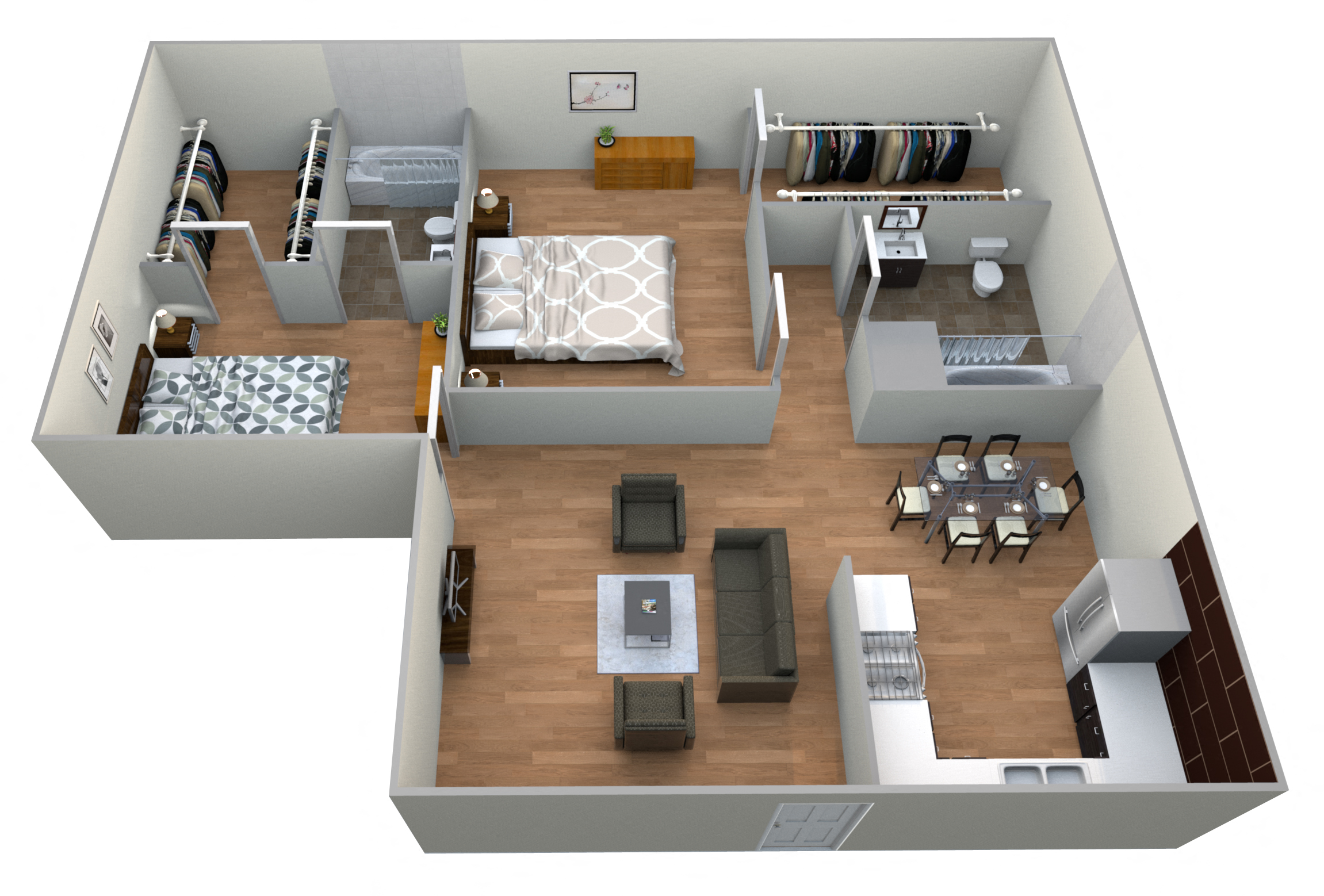 Floor plan for 2 beds, 2 baths, 907 sqft