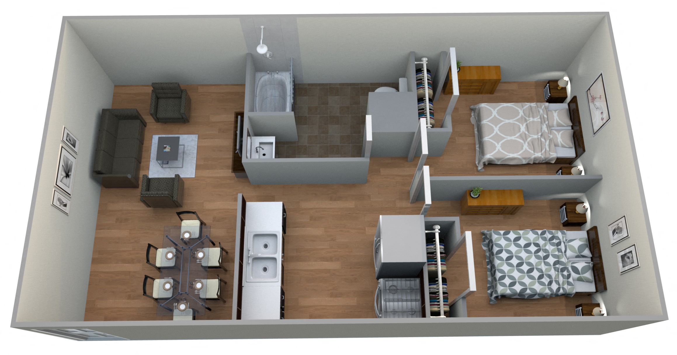 Floor plan for 2 beds, 1 bath, 929 sqft