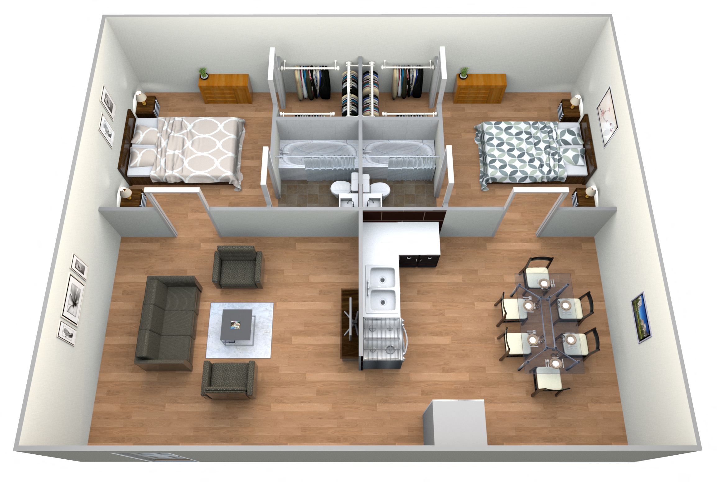 Floor plan for 2 beds, 2 baths, 1100 sqft