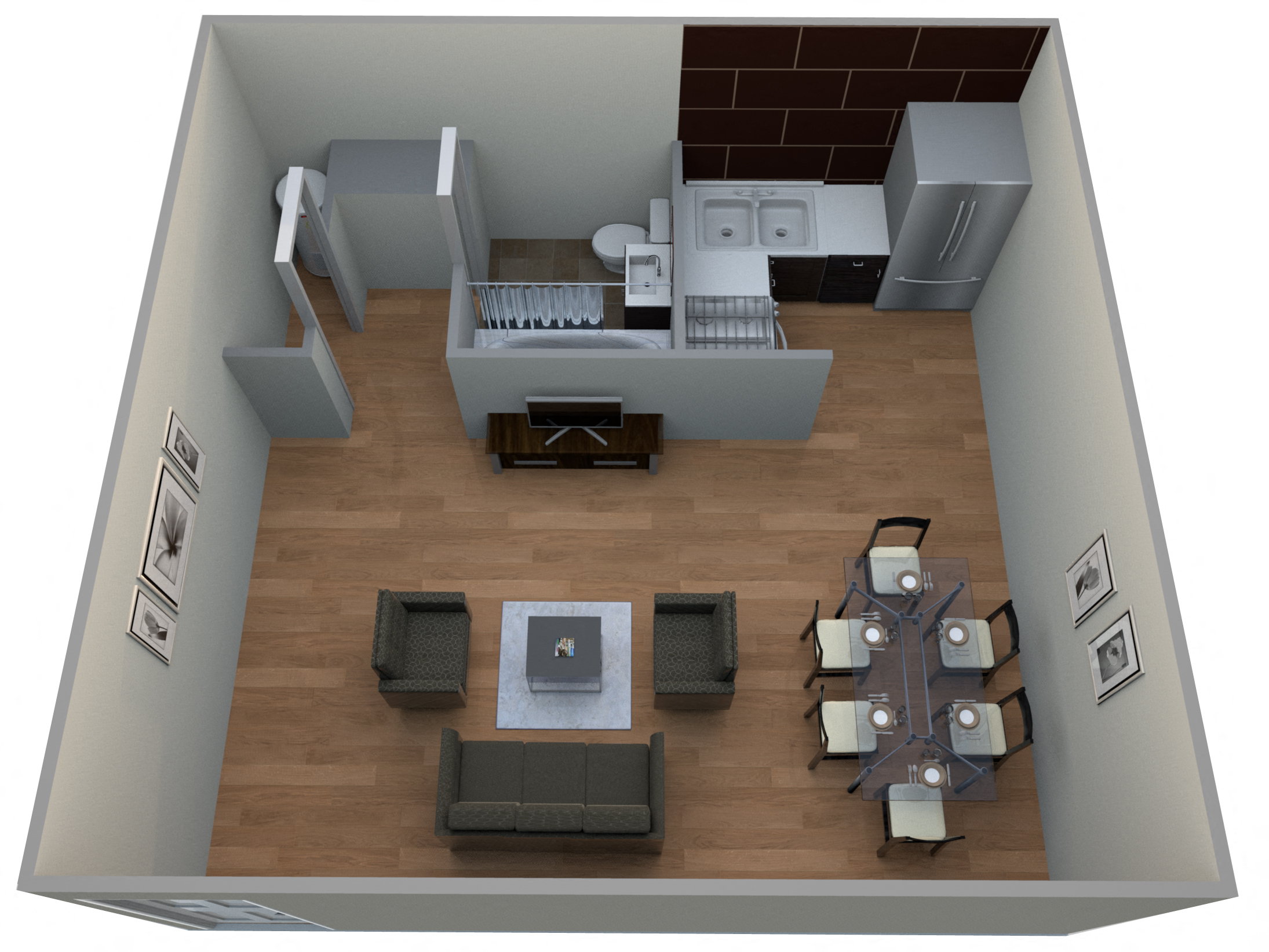 Floor plan for studio, 1 bath, 400 sqft