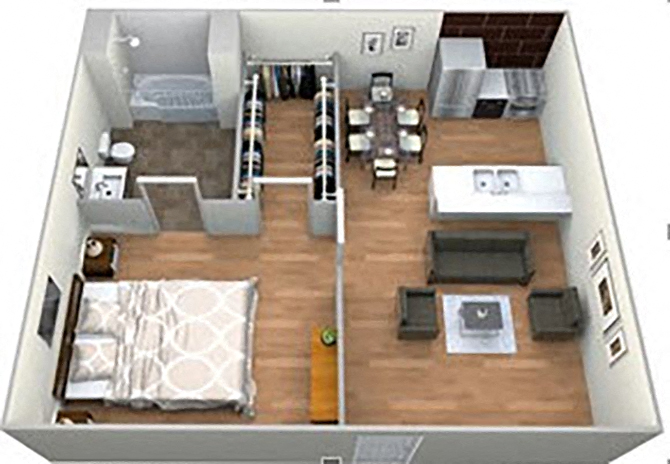 Floor plan for 1 bed, 1 bath, 529 sqft