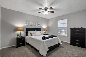 Victoria apartment for rent - Bedroom with ceiling fan, carpet flooring, and window at Sage Creek Apartments