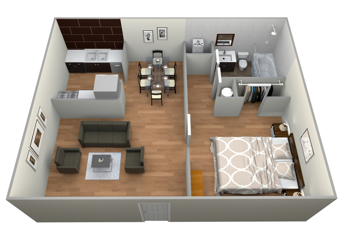 Floor plan for 1 bed, 1 bath, 500 sqft