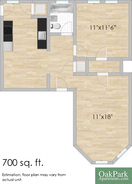 Floor plan for 1 bed, 1 bath, 700 sqft