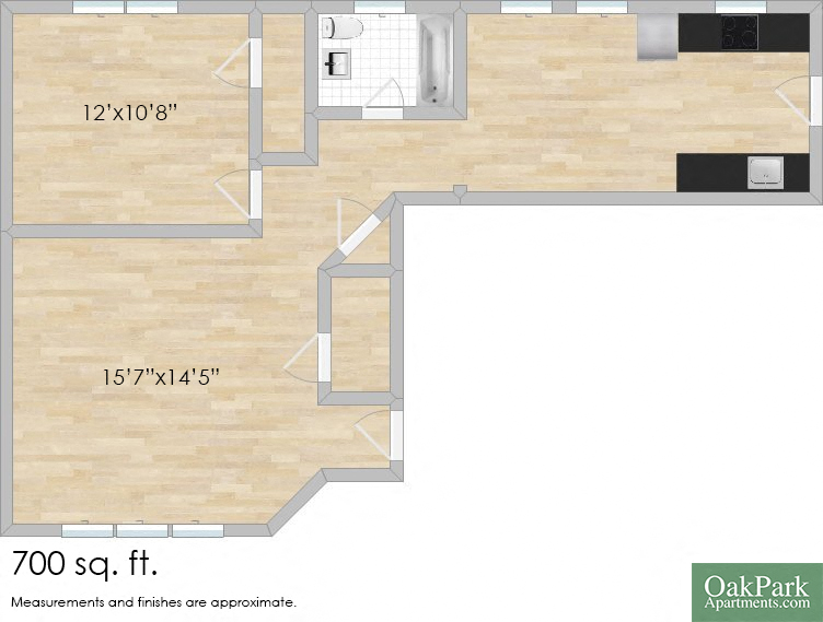 Floor plan for 1 bed, 1 bath, 700 sqft