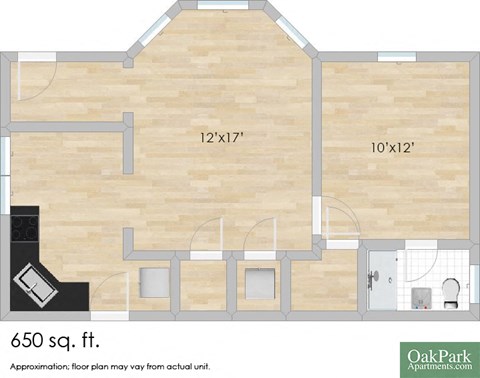 Floor plan for 1 bed, 1 bath, 650 sqft