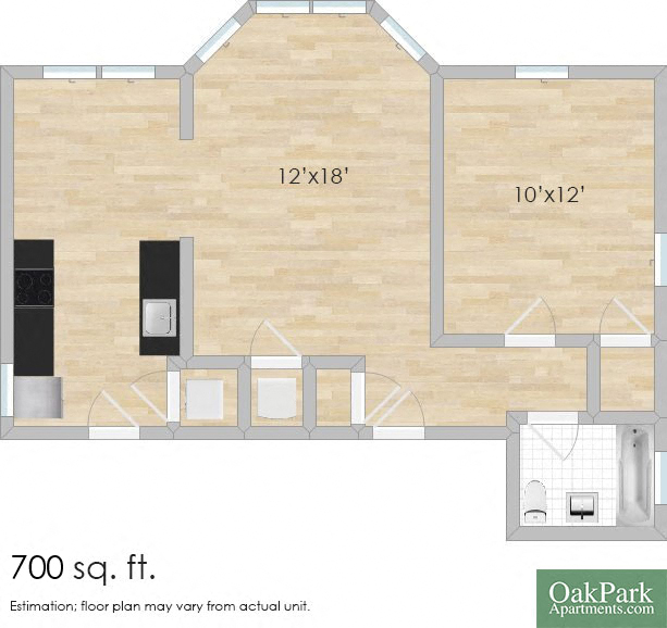 Floor plan for 1 bed, 1 bath, 700 sqft