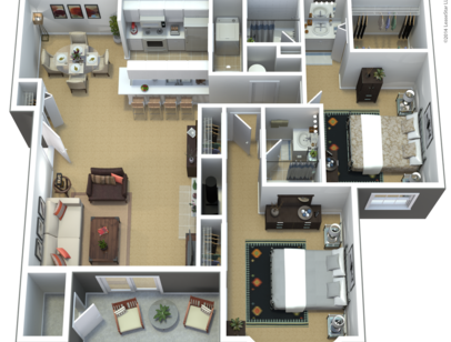 Floor plan for 2 beds, 2 baths, 1044 sqft