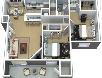 Floor plan for 2 beds, 1 bath, 937 sqft