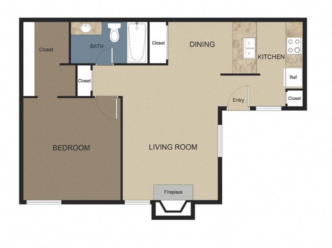 Floor plan for 1 bed, 1 bath, 600 sqft