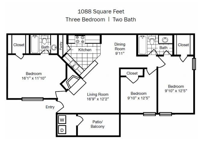 Floor plan for 3 beds, 2 baths, 1088 sqft