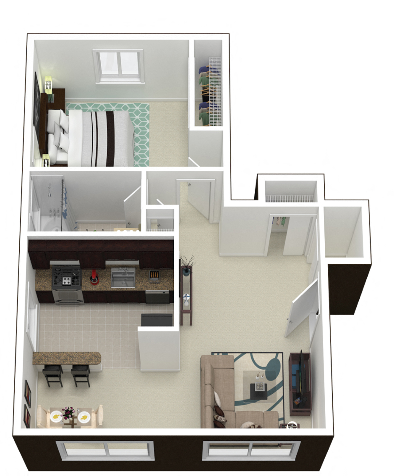 Floor plan for 1 bed, 1 bath, 850 sqft