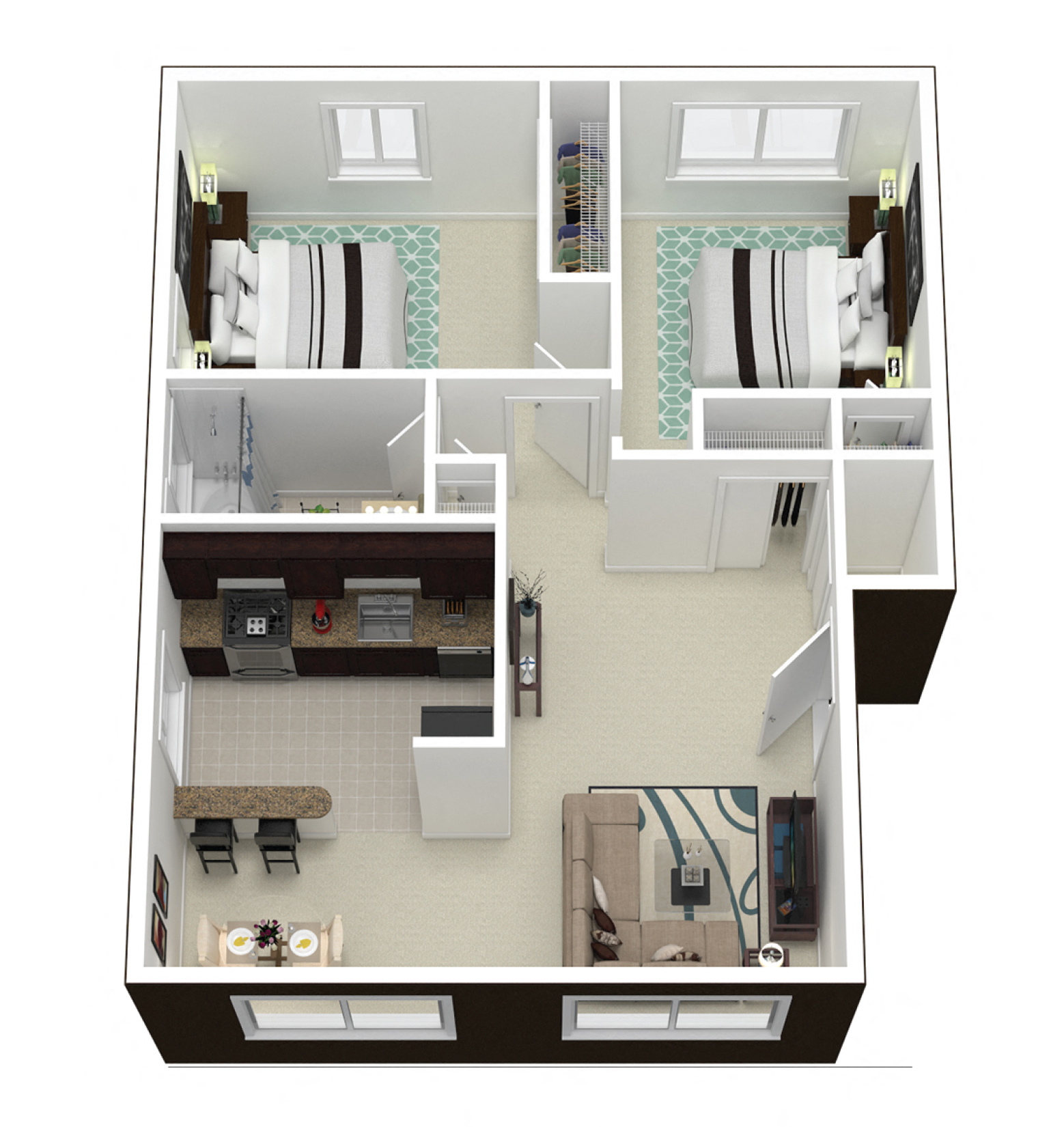 Floor plan for 2 beds, 1 bath, 1000 sqft