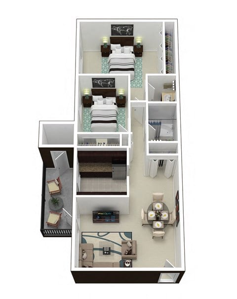Floor plan for 2 beds, 1.5 baths, 1050 sqft