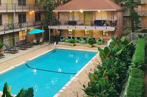 Austin apartment for rent - A swimming pool in a courtyard surrounded by green plants.