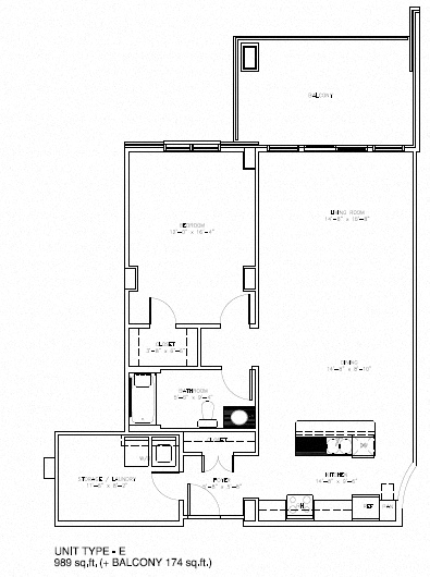 Floor plan for 1 bed, 1 bath, 989 sqft