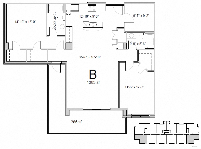 Floor plan for 2 beds, 2 baths, 1383 sqft