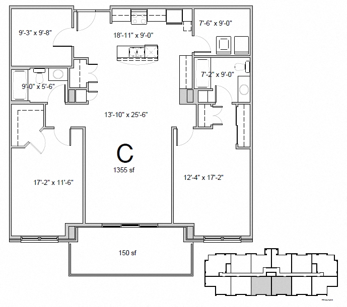Floor plan for 2 beds, 2 baths, 1355 sqft