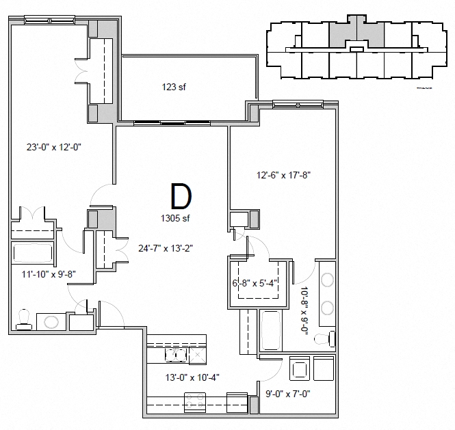 Floor plan for 2 beds, 2 baths, 1305 sqft