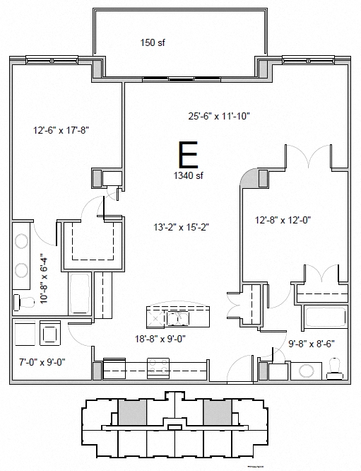 Floor plan for 2 beds, 2 baths, 1340 sqft