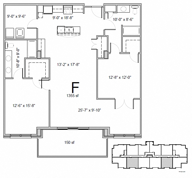 Floor plan for 2 beds, 2 baths, 1355 sqft