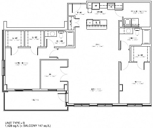 Floor plan for 2 beds, 2 baths, 1428 sqft