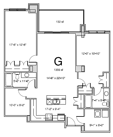 Floor plan for 2 beds, 2 baths, 1456 sqft