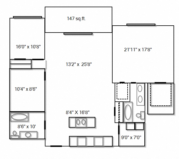 Floor plan for 2 beds, 2 baths, 1590 sqft