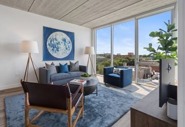 Chicago apartment for rent - A living room with a blue rug and a large window.