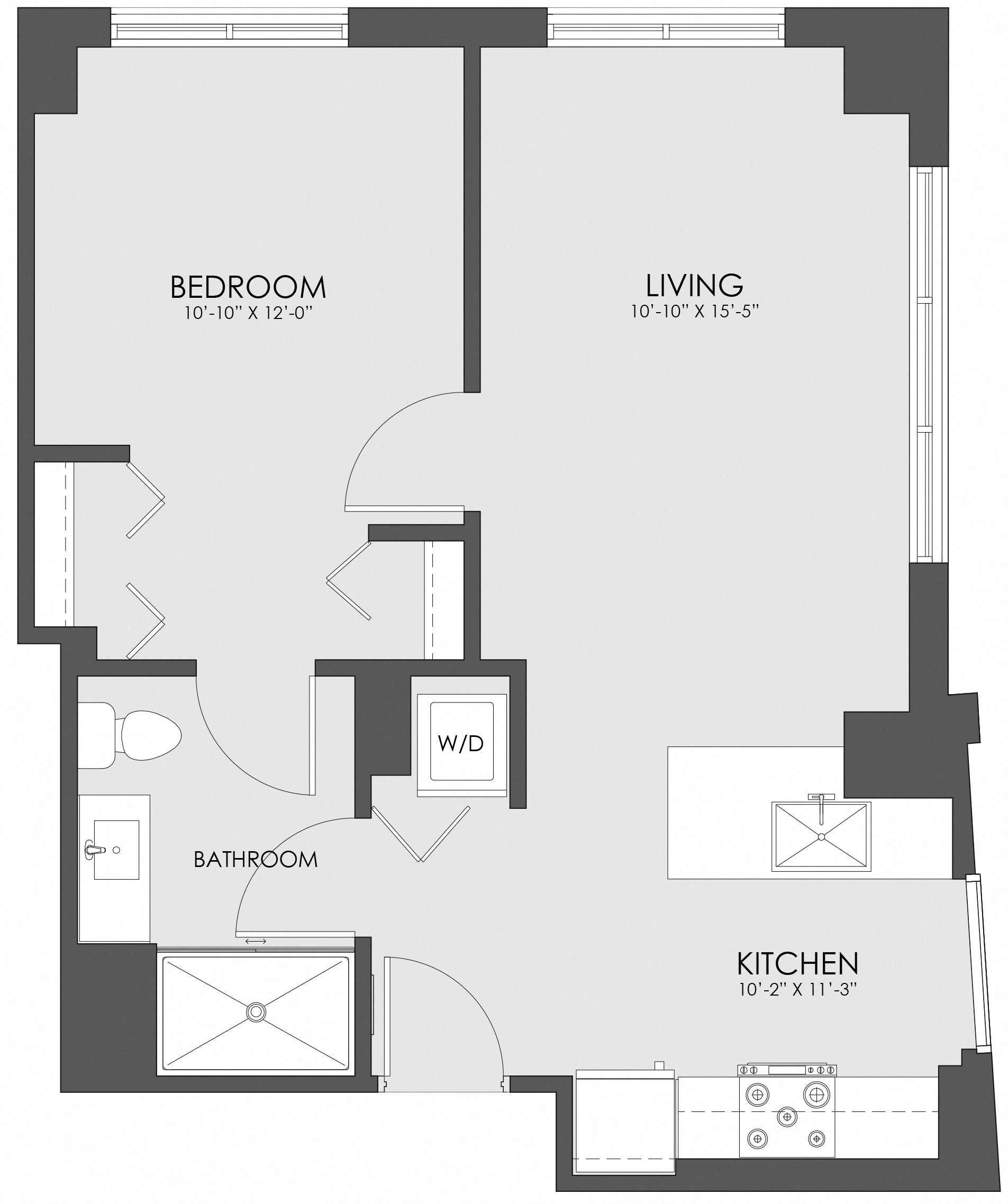 Floor plan for 1 bed, 1 bath, 711 sqft