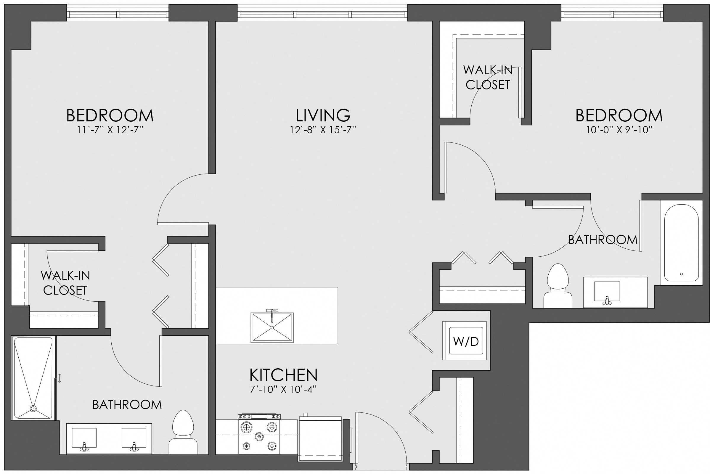 Floor plan for 2 beds, 2 baths, 1010 sqft