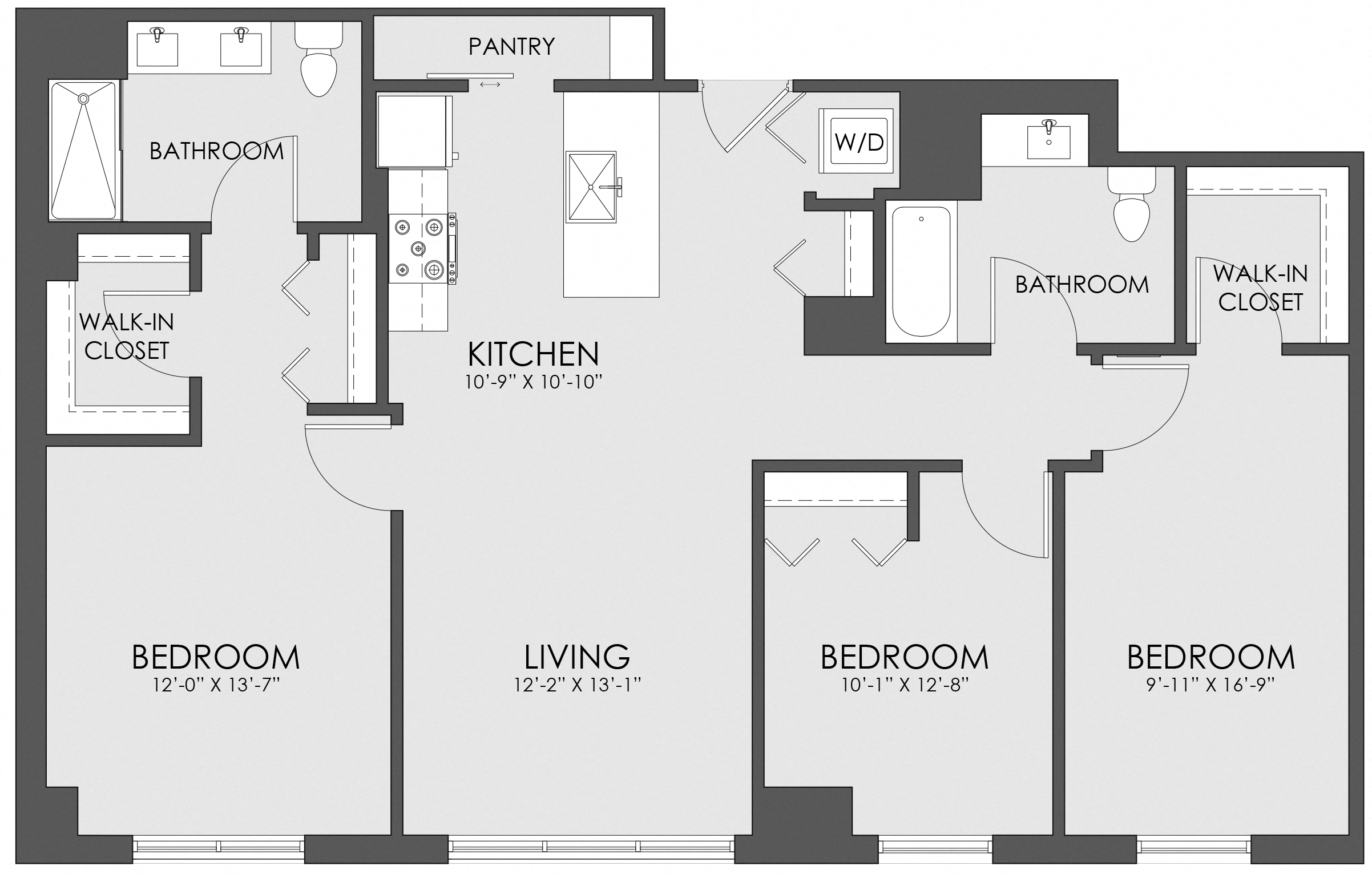 Floor plan for 3 beds, 2 baths, 1310 sqft