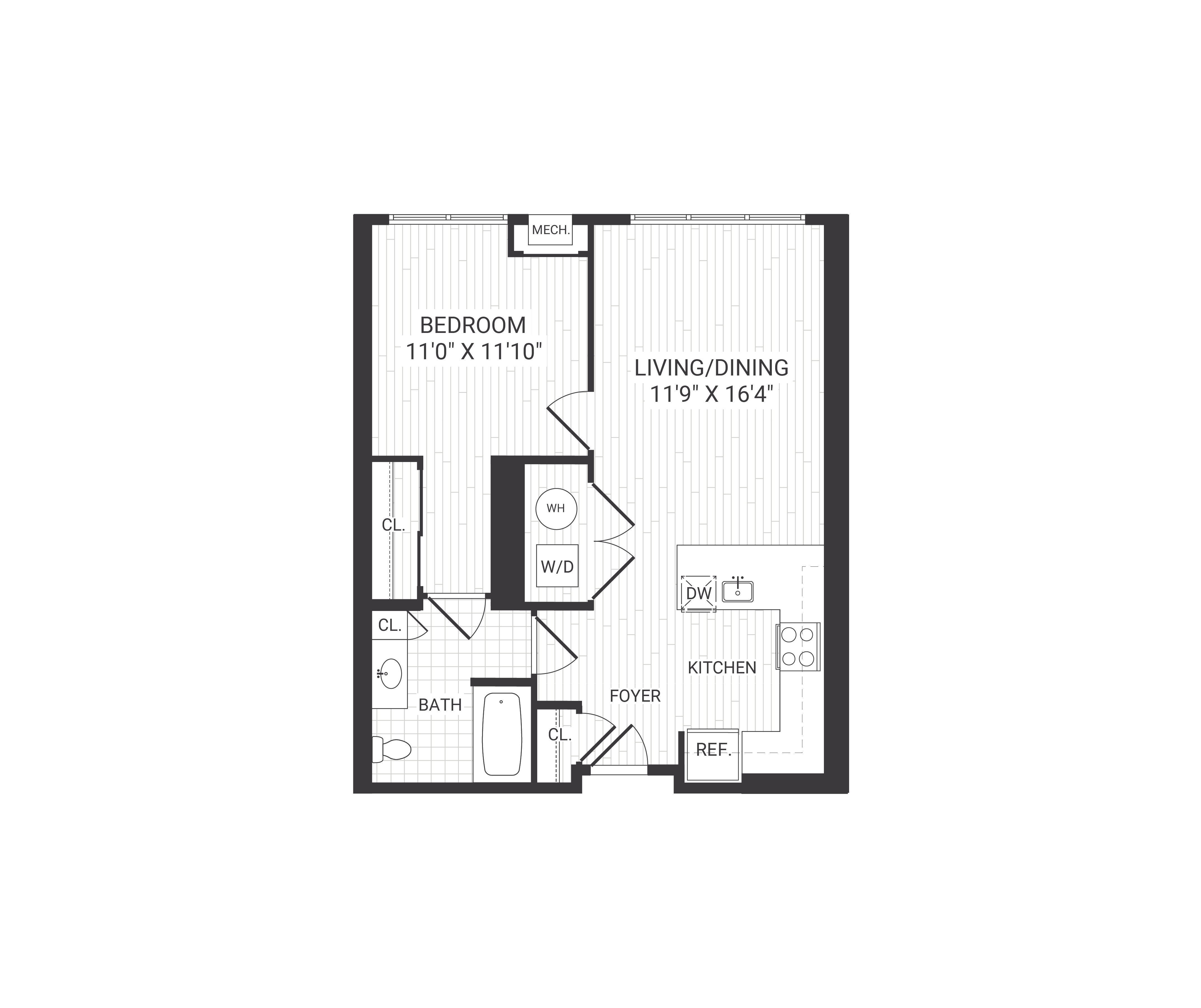 Floor plan for 1 bed, 1 bath, 688 sqft