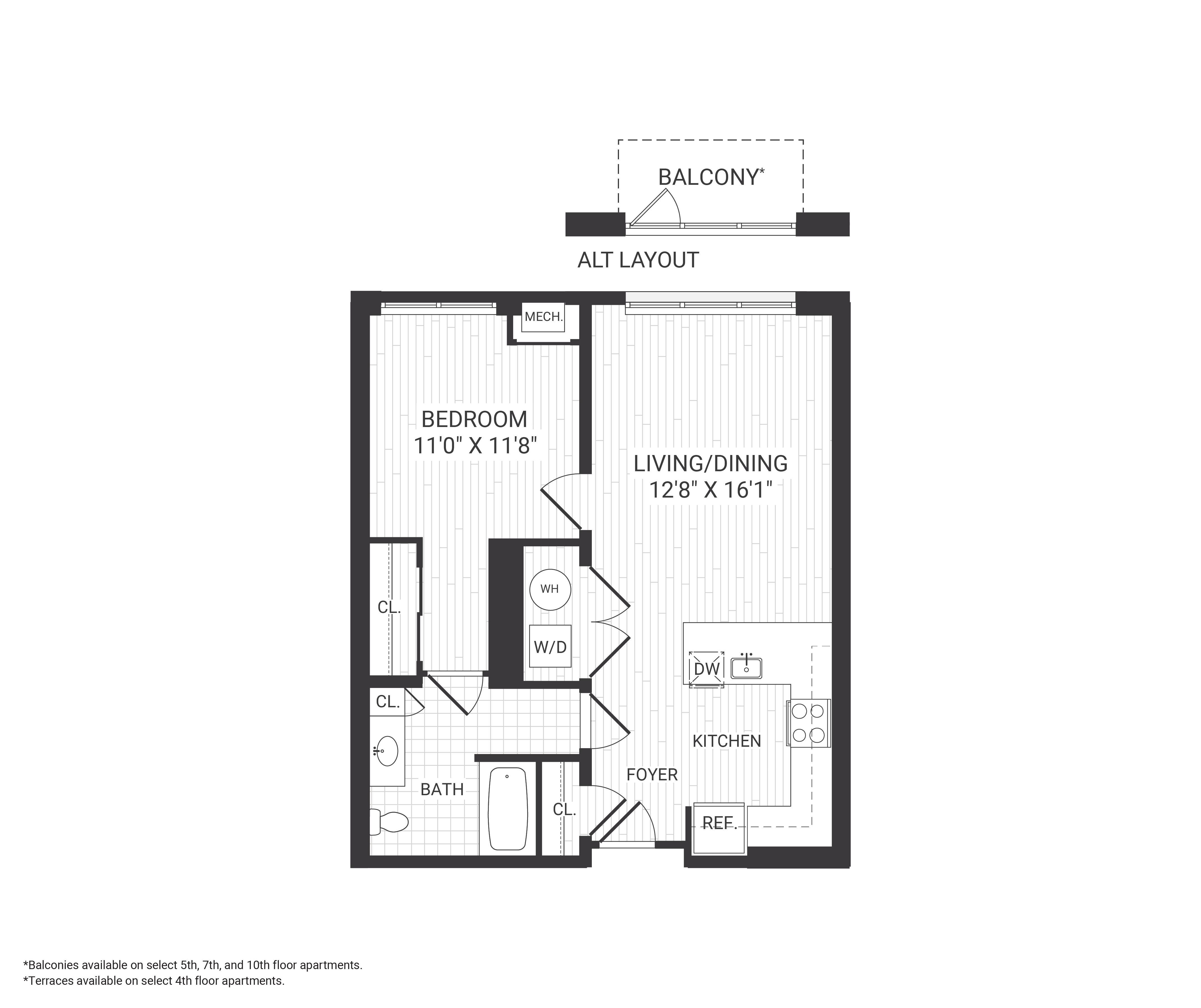 Floor plan for 1 bed, 1 bath, 699 sqft
