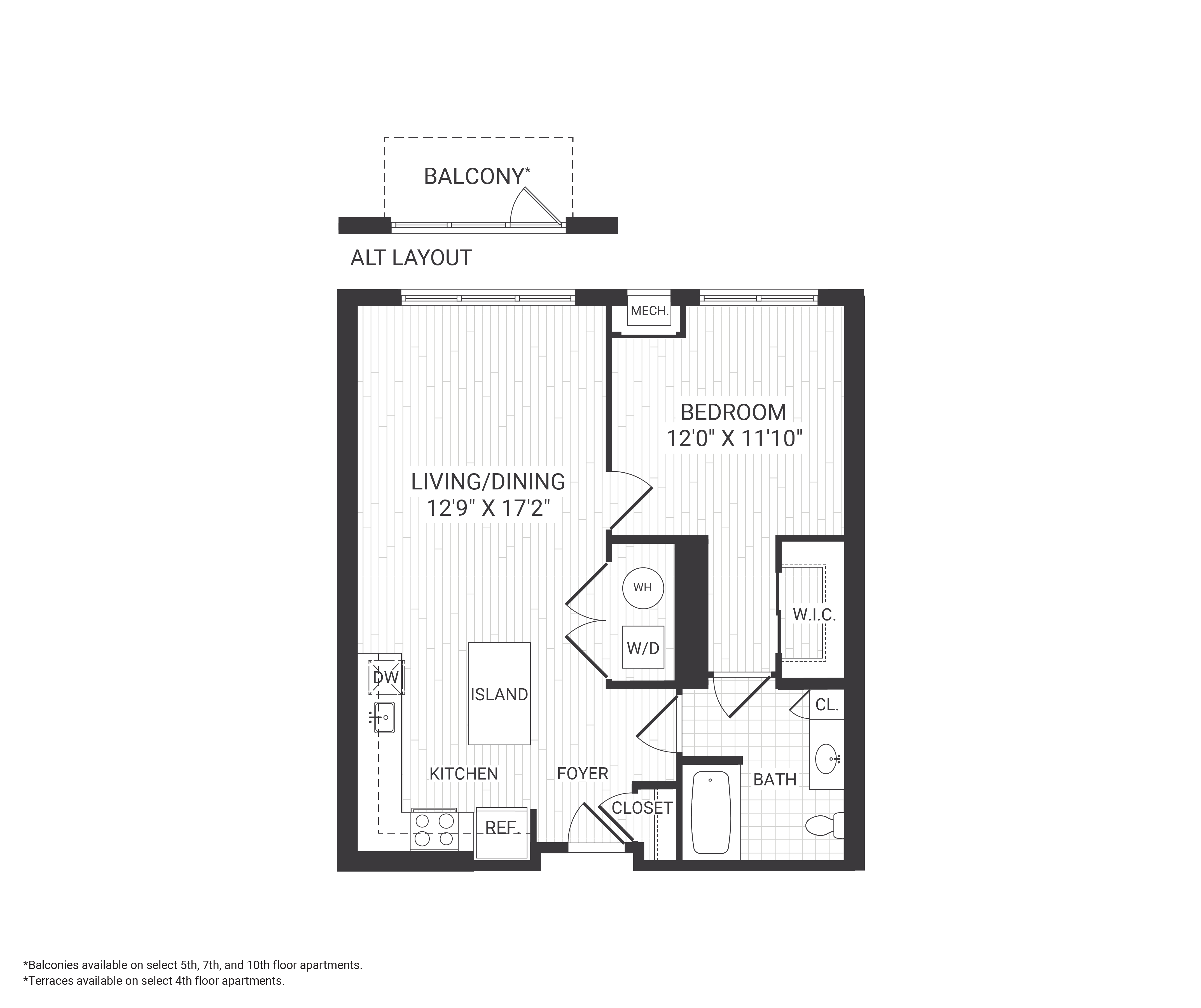 Floor plan for 1 bed, 1 bath, 756 sqft