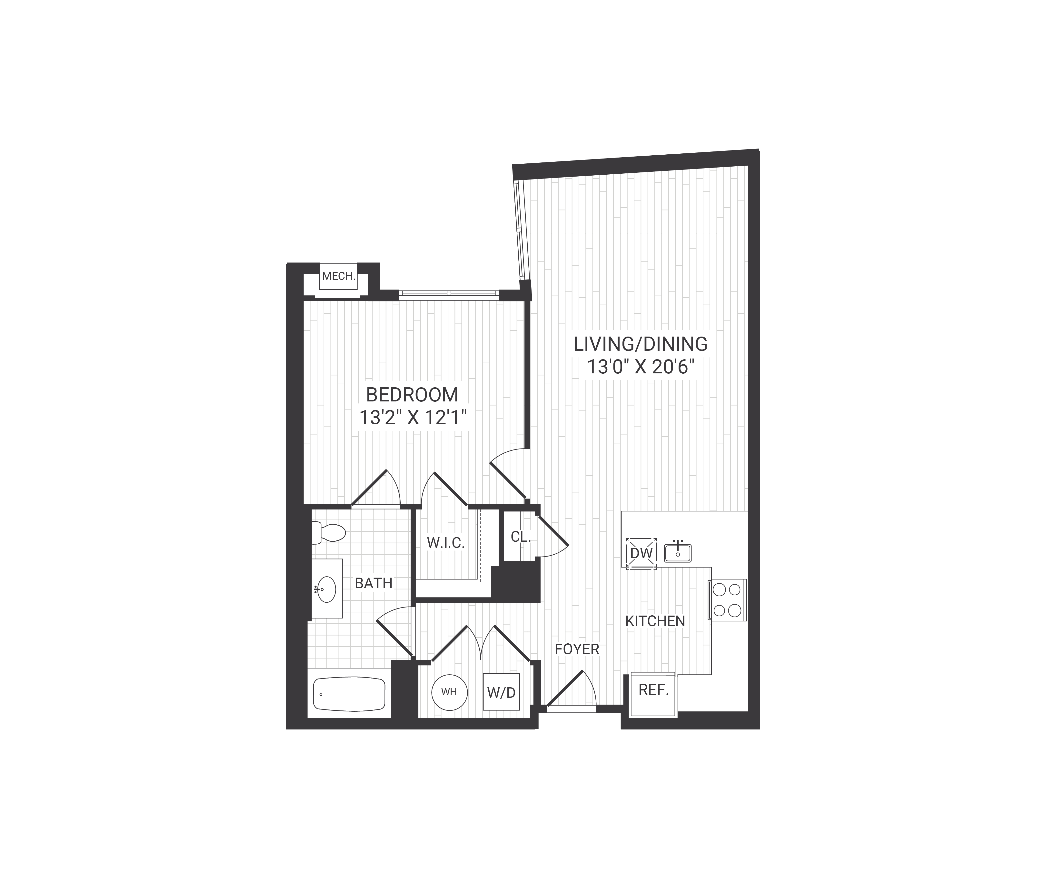 Floor plan for 1 bed, 1 bath, 799 sqft