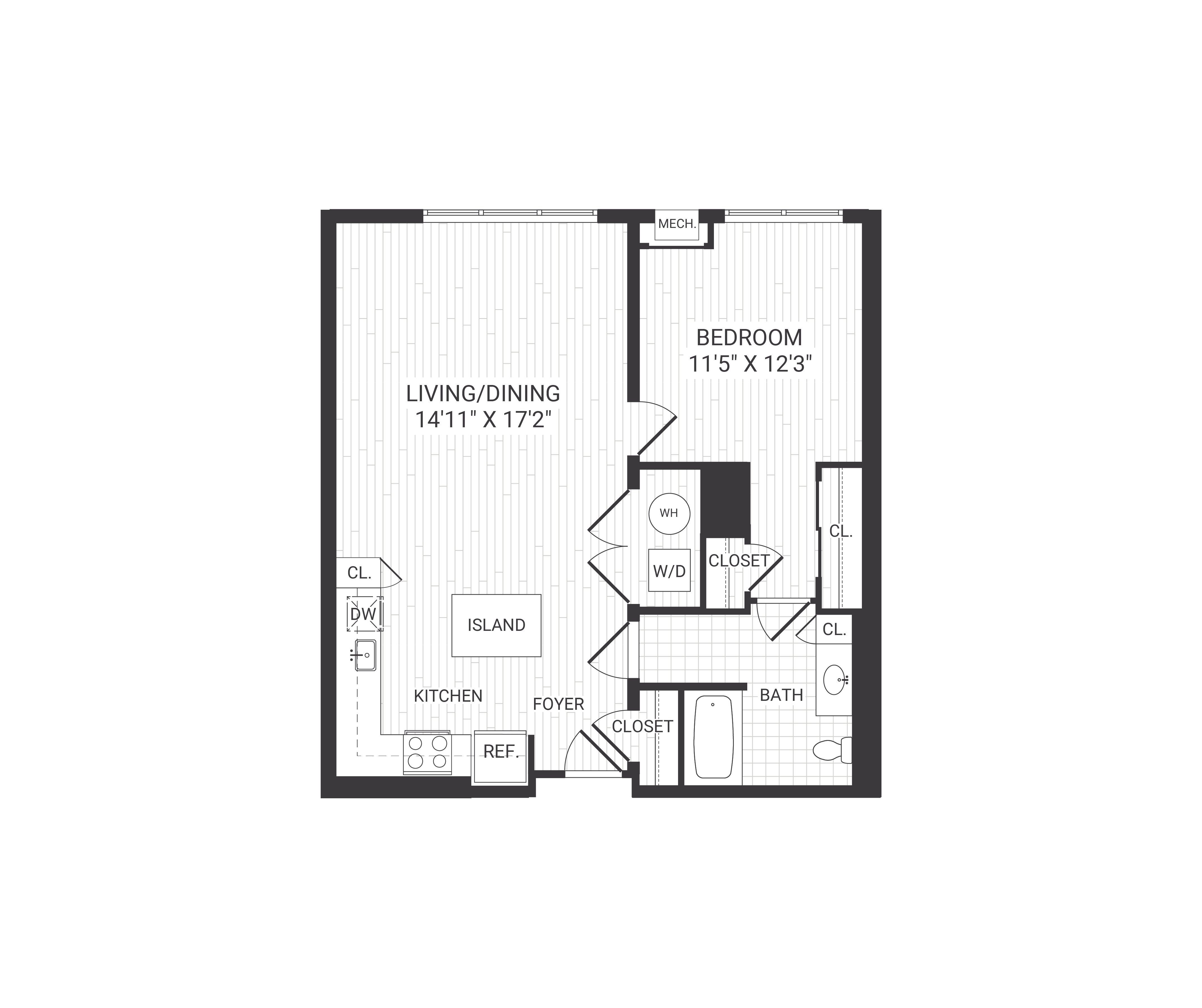 Floor plan for 1 bed, 1 bath, 818 sqft