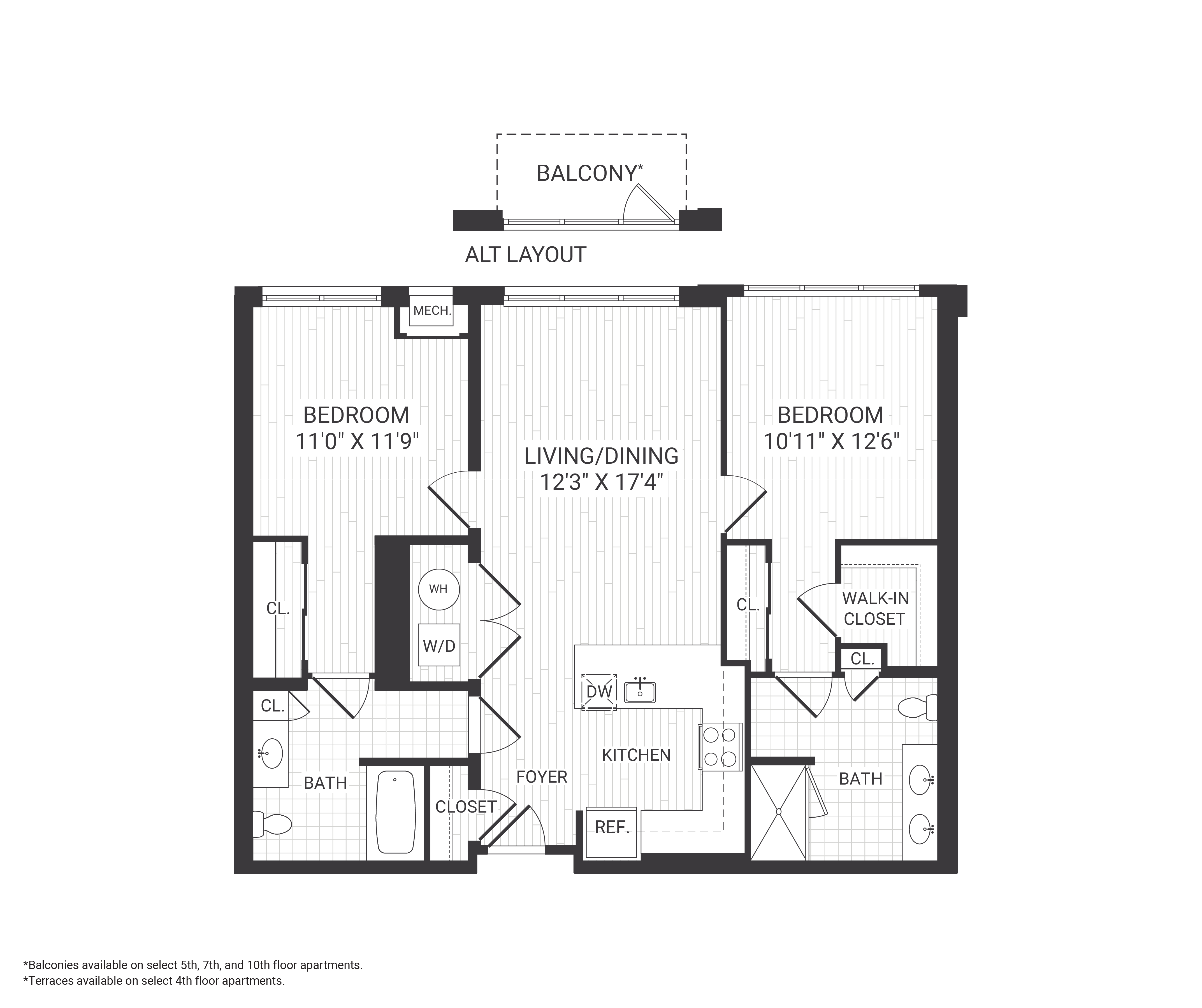 Floor plan for 2 beds, 2 baths, 1050 sqft