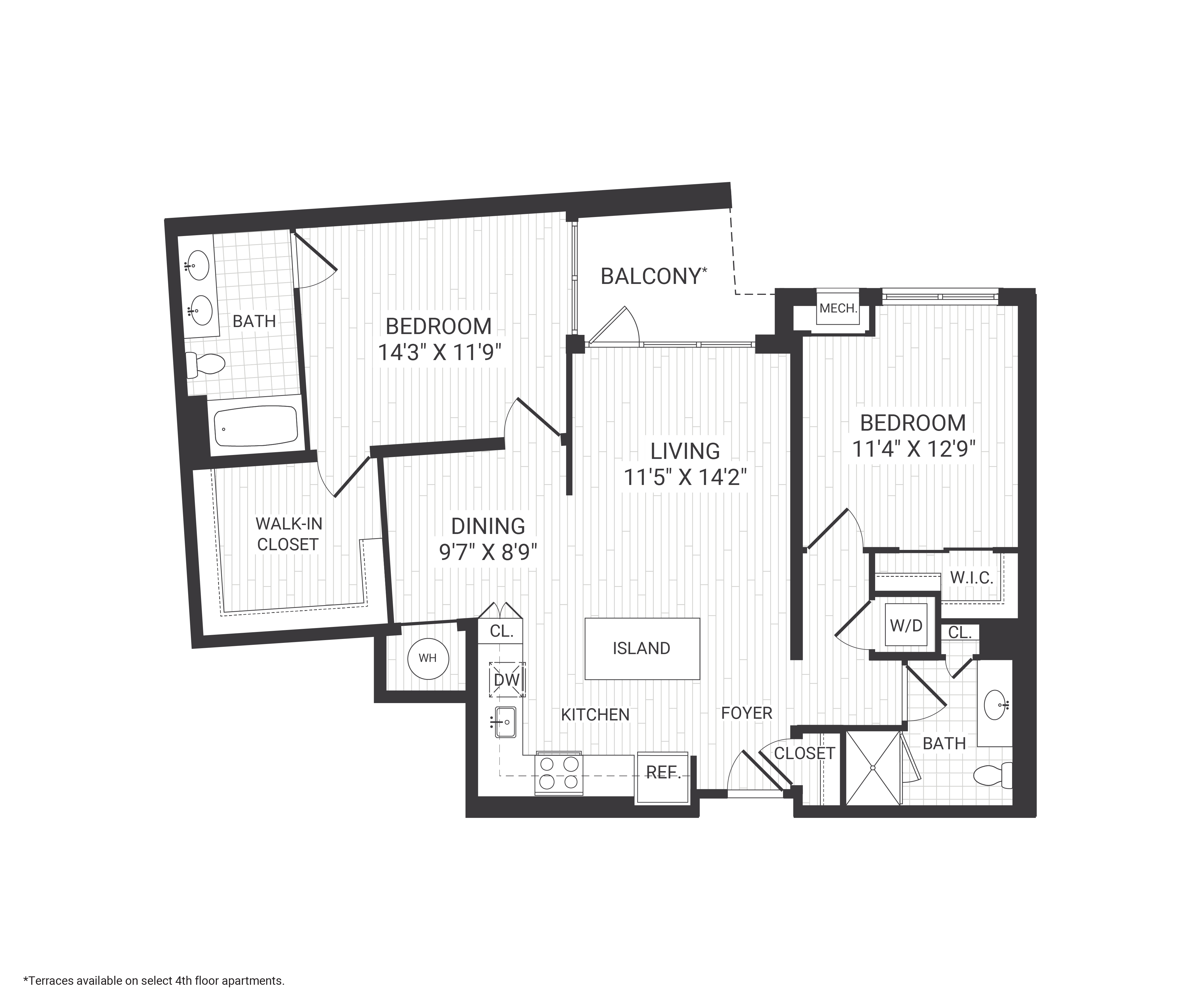 Floor plan for 2 beds, 2 baths, 1121 sqft