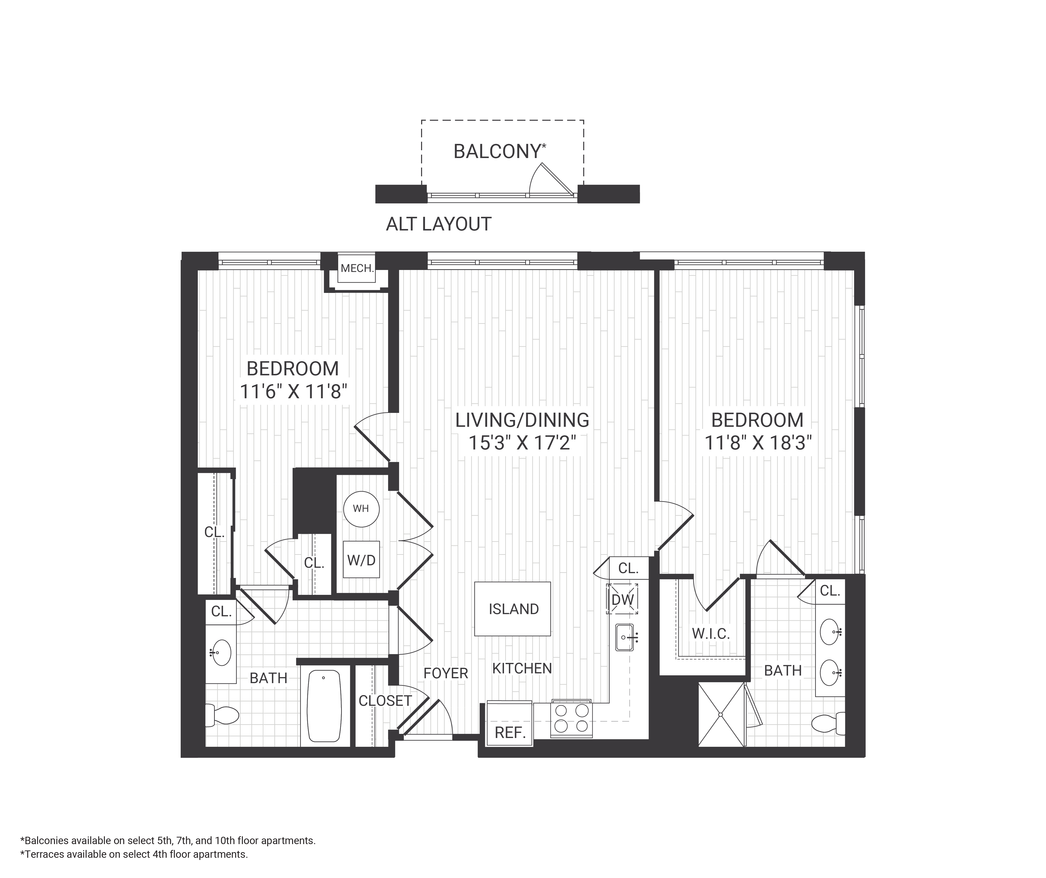 Floor plan for 2 beds, 2 baths, 1172 sqft