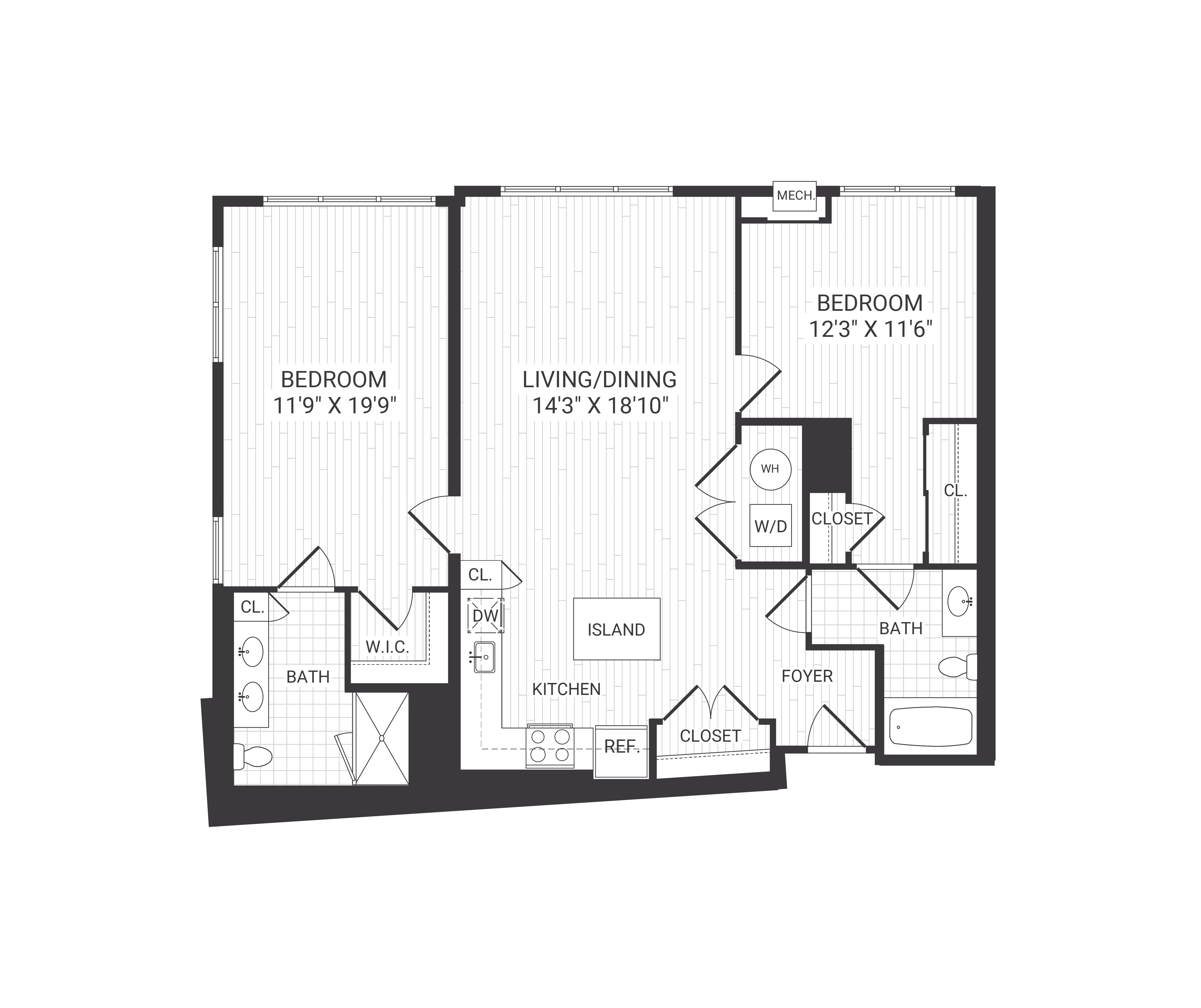 Floor plan for 2 beds, 2 baths, 1242 sqft
