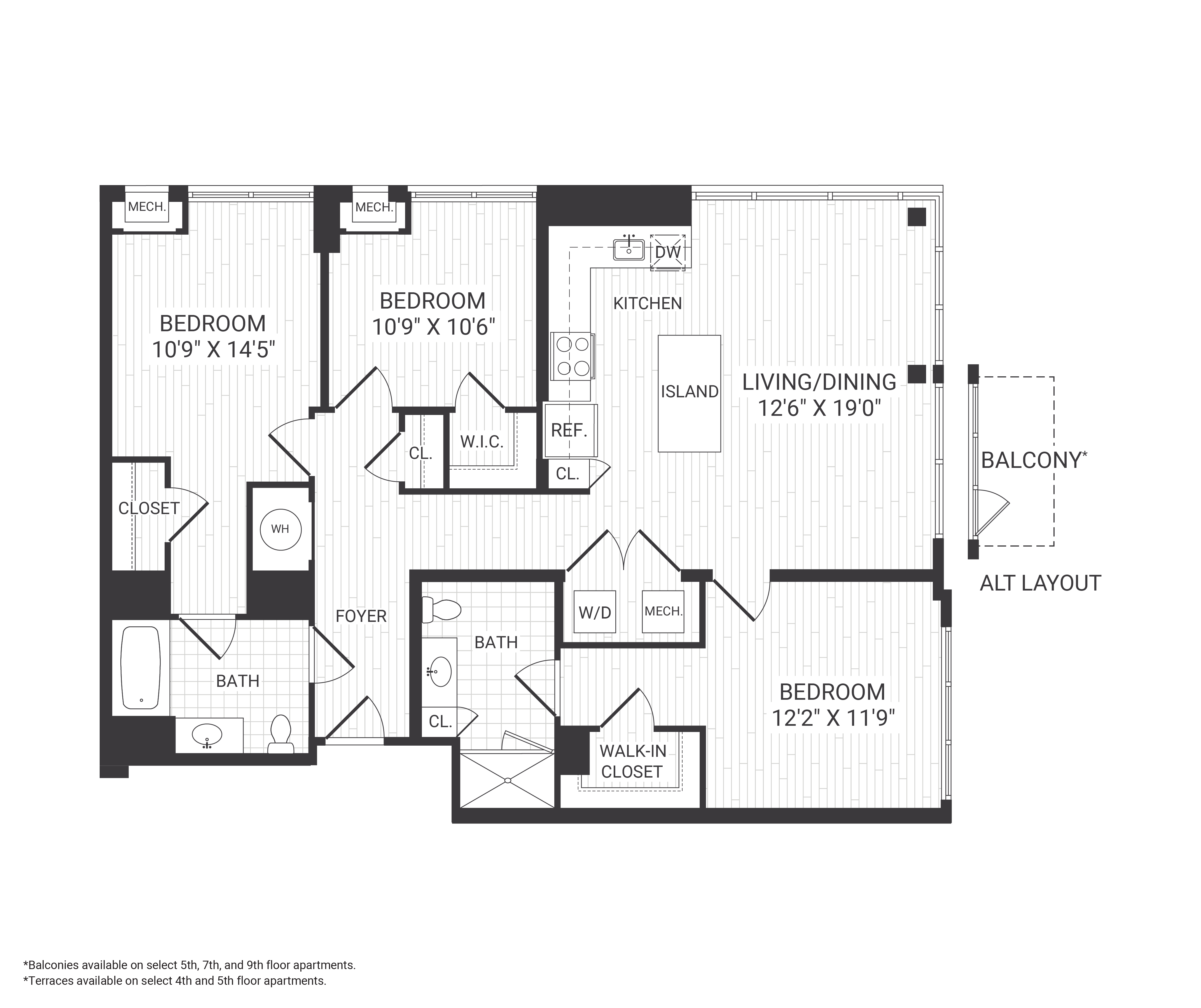 Floor plan for 3 beds, 2 baths, 1337 sqft