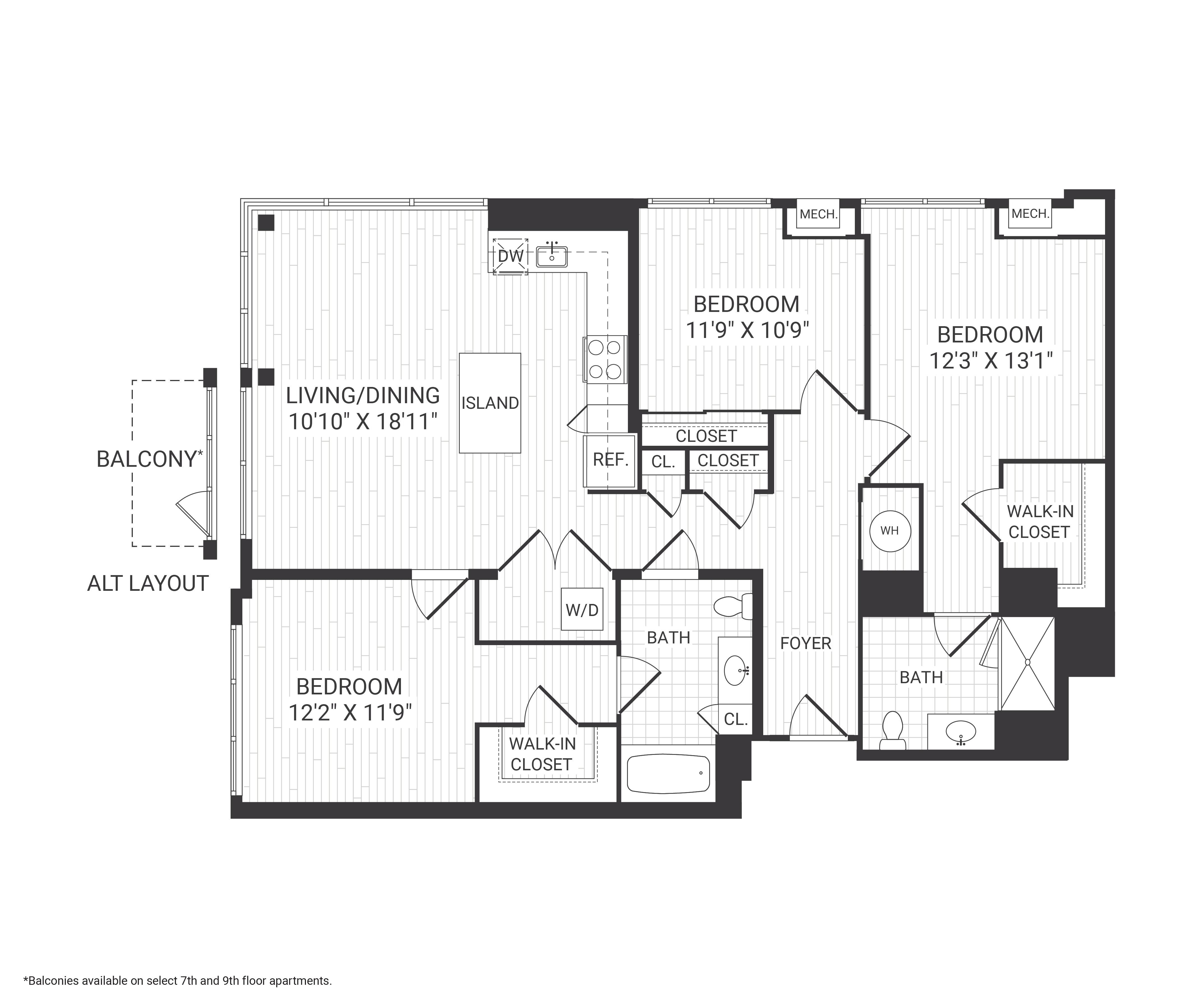 Floor plan for 3 beds, 2 baths, 1383 sqft