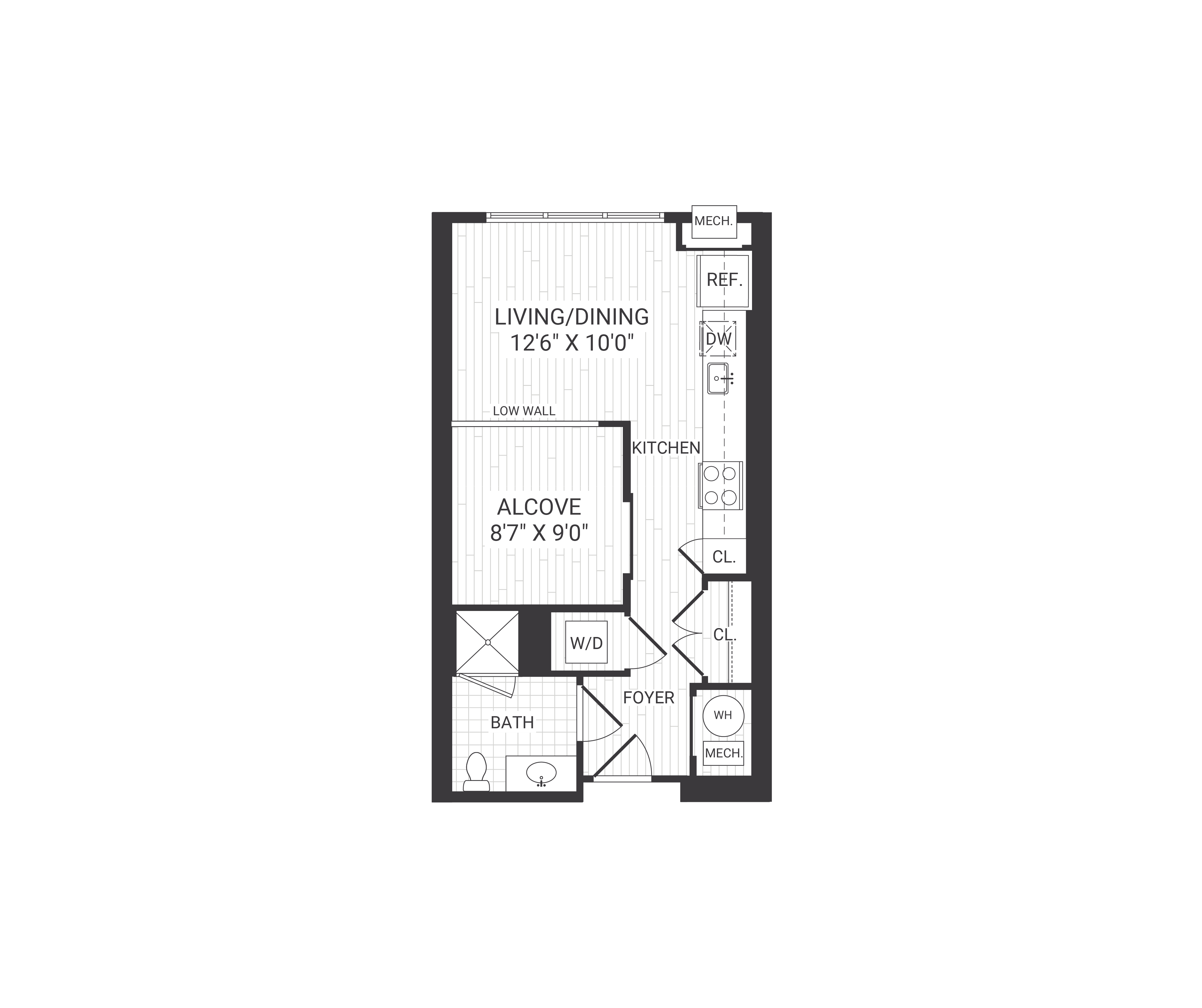 Floor plan for studio, 1 bath, 466 sqft