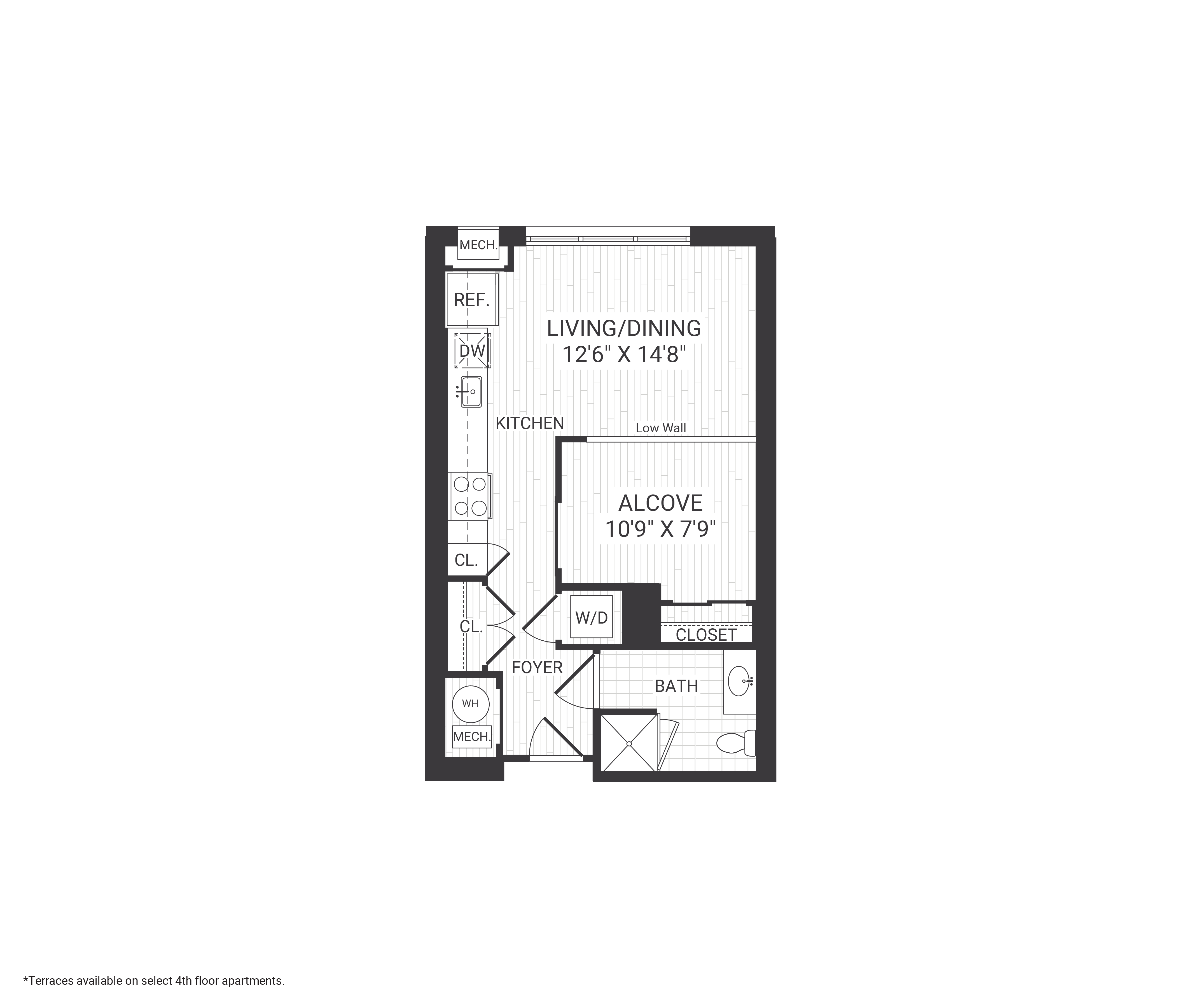 Floor plan for studio, 1 bath, 521 sqft