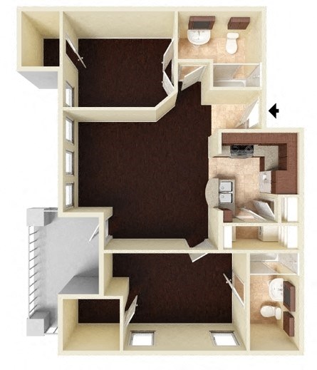 Floor plan for 2 beds, 2 baths, 973 sqft