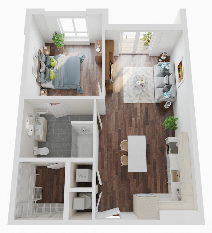 Floor plan for 1 bed, 1 bath, 789 sqft