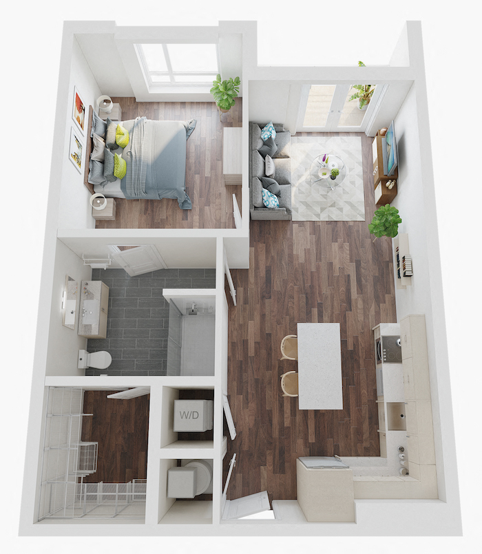Floor plan for 1 bed, 1 bath, 749 sqft