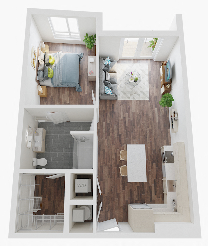 Floor plan for 1 bed, 1 bath, 761 sqft